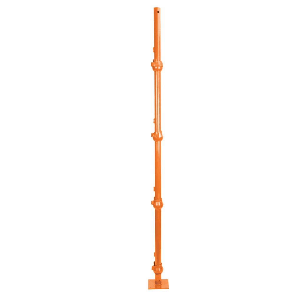 Orange vertical cuplock standard used in scaffolding systems for structural support.